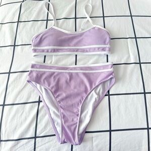 Light Purple Lilac Ribbed Knit High Waisted Two Piece Bikini Swimsuit Set Size S